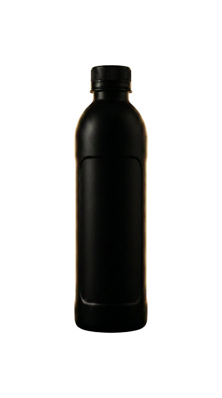 Matte silhouette of the Over Easy bottle backlit in warm caramel light, label blurred